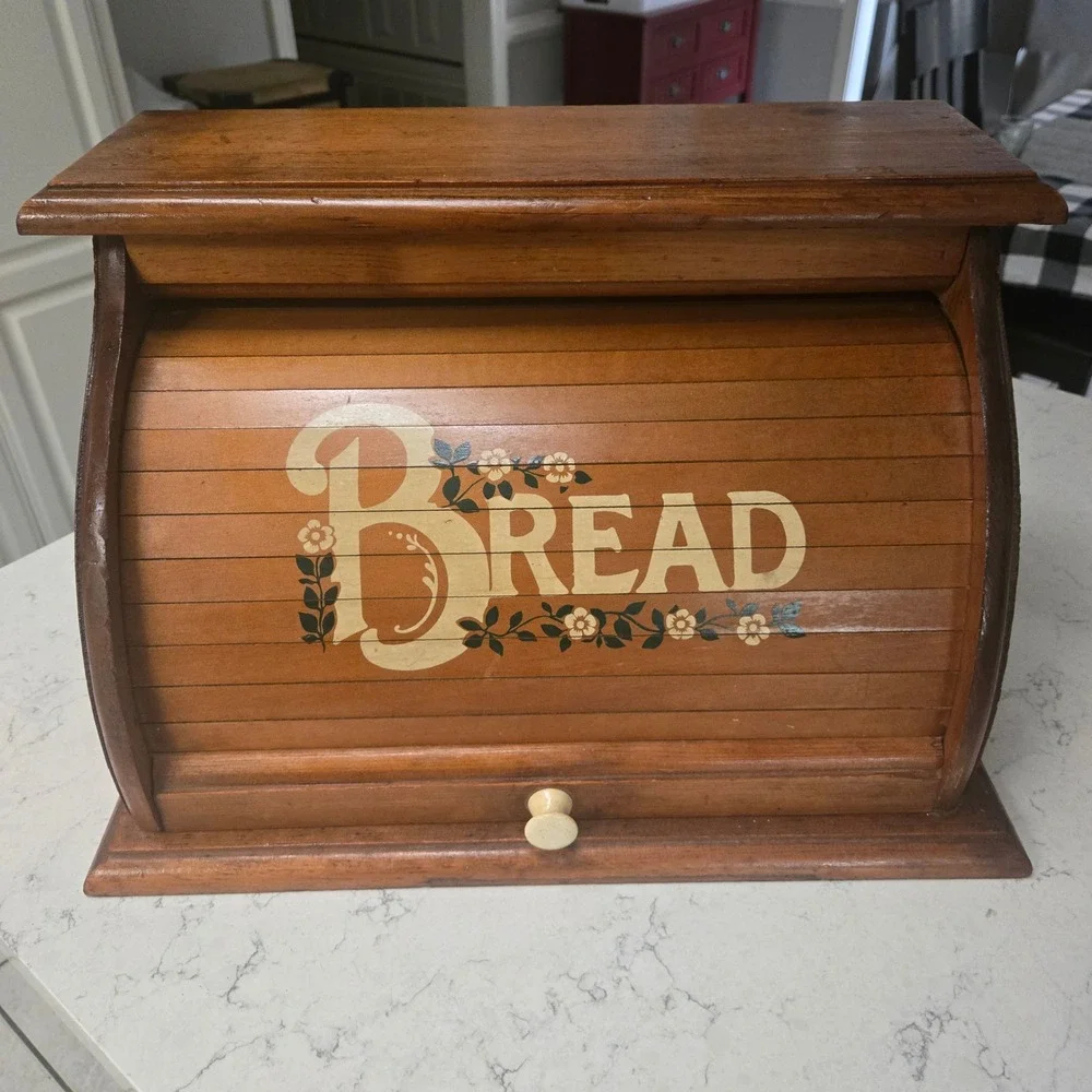 Vtg 70s Wood Roll Top Bread Box Country Farmhouse Cottage Floral 18x11.5x11 VGC